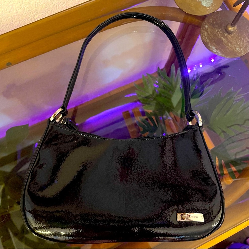 90s Baguette Handbag Patent Black Mini Shoulder Purse Nine West